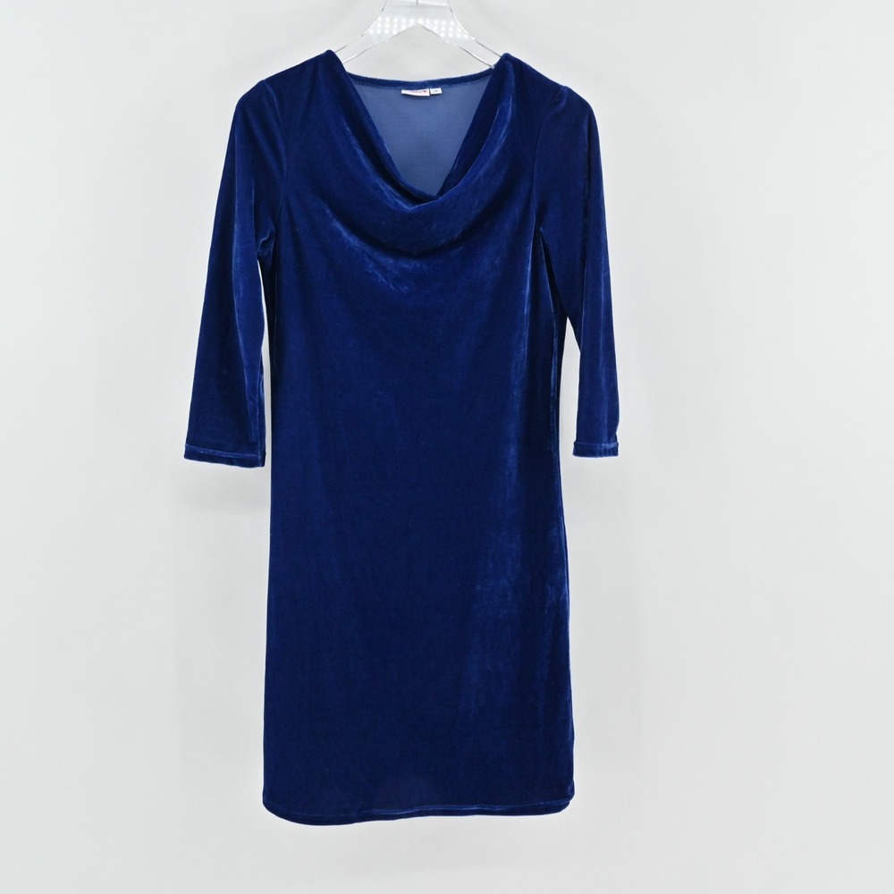 Vtg Y2k Blue Velvet Dress Womens Size 38 Cowl Neck Velour Whimsigoth Holiday - Picture 2 of 14